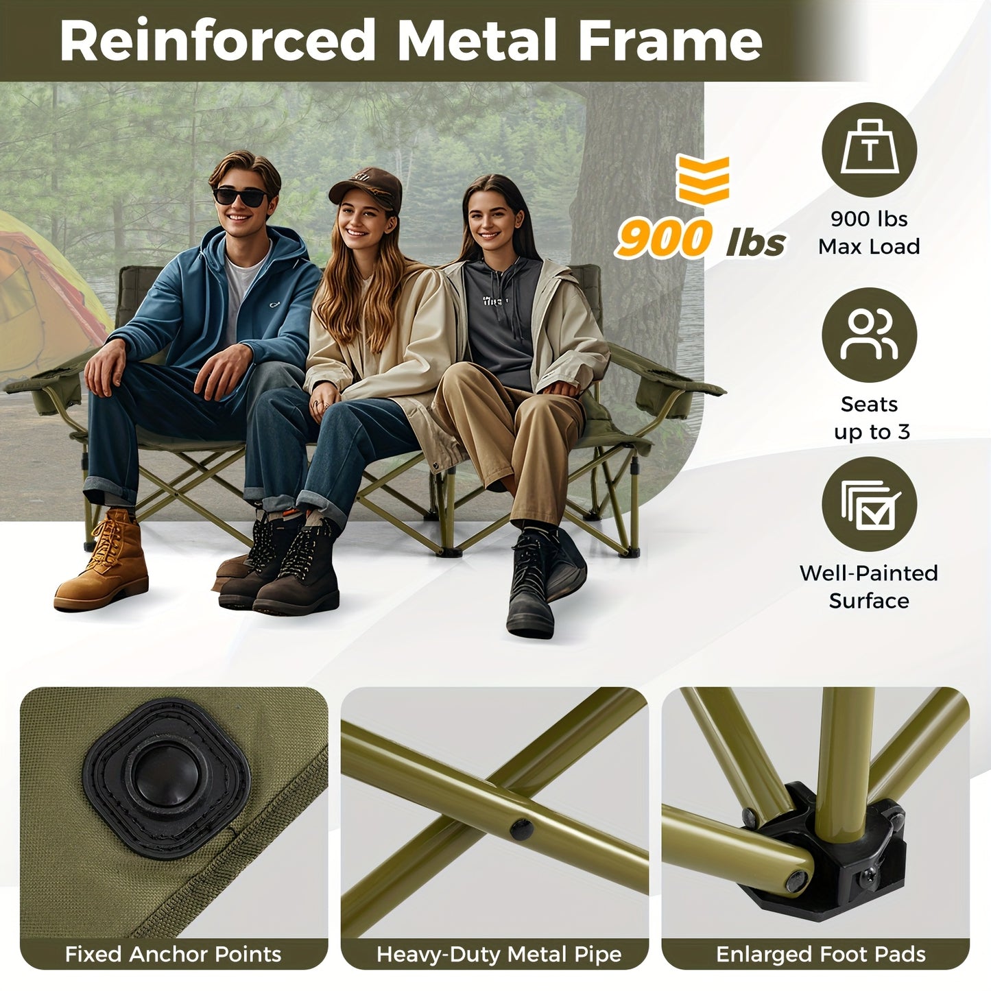 Heavy-Duty Folding Camping Chair for Three with Cup Holders