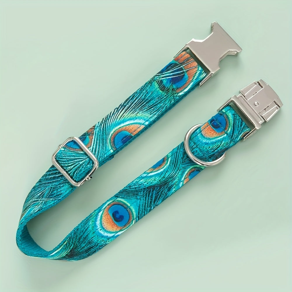 Personalized Dog Collar With Peacock Feather Design ID Tag
