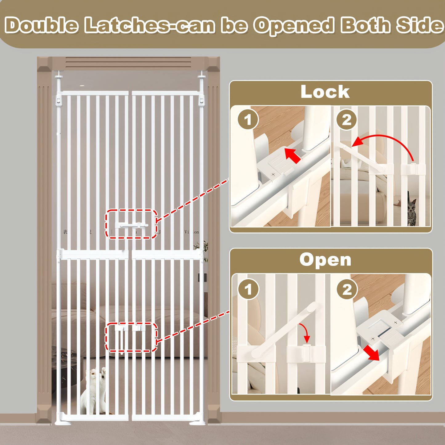 Extra Tall Cat Gate with Auto Close Double Pet Door