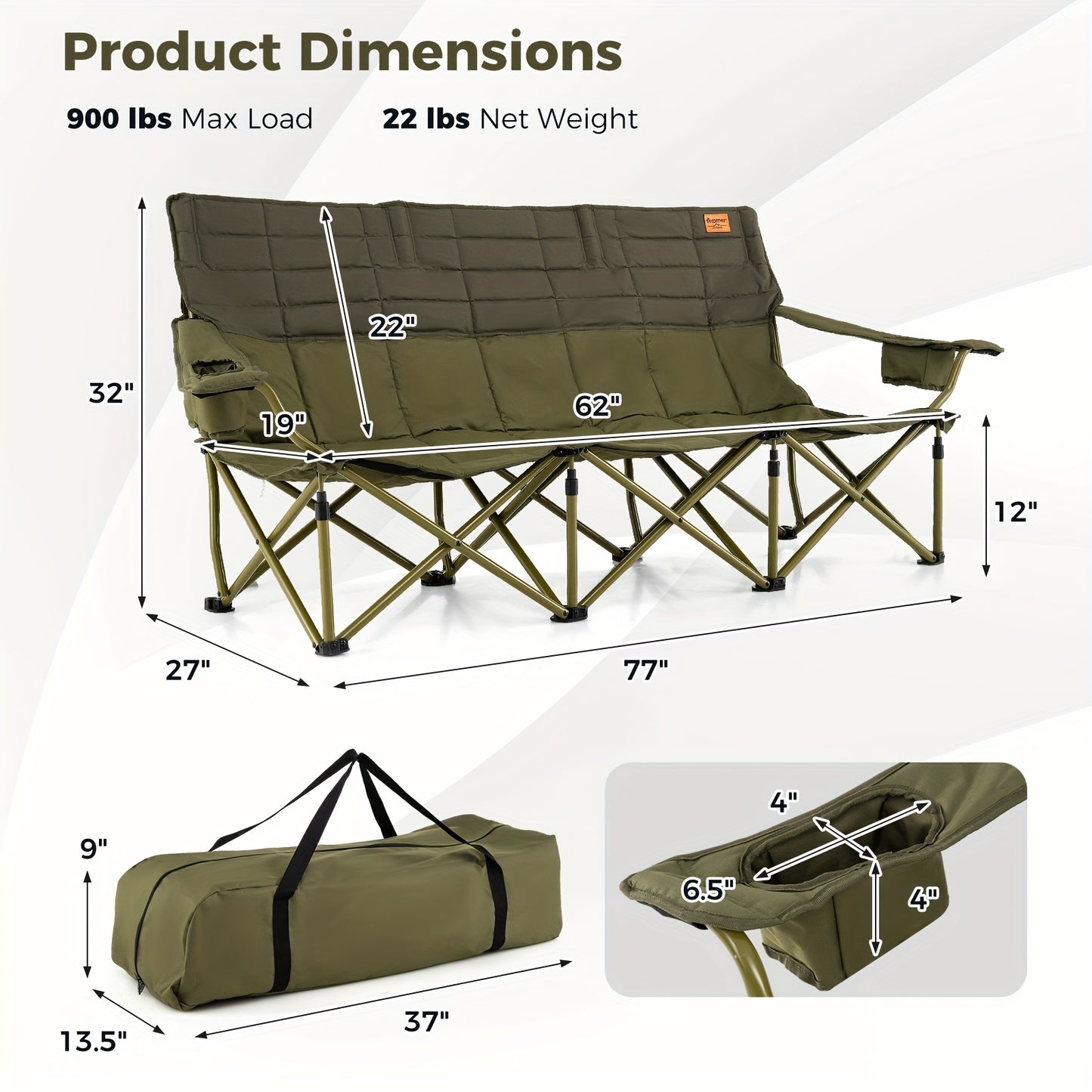 Heavy-Duty Folding Camping Chair for Three with Cup Holders