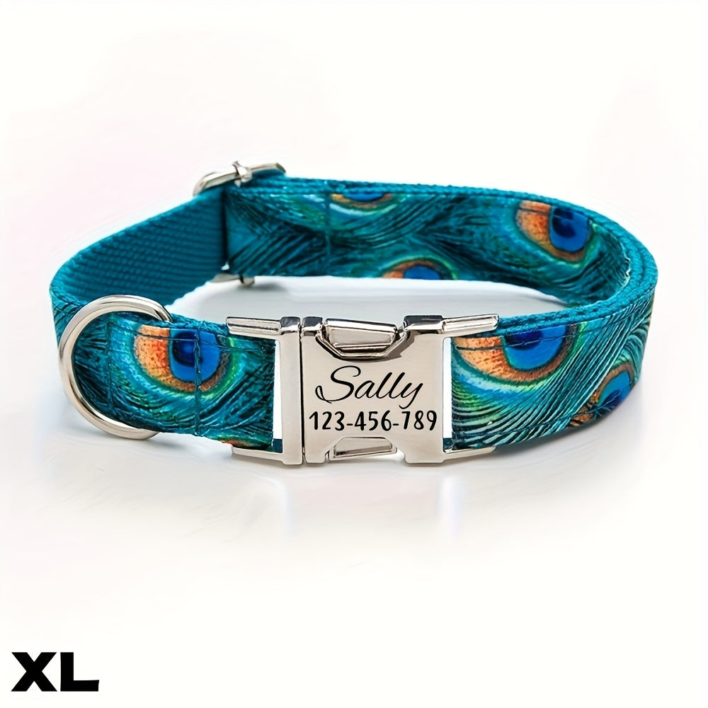 Personalized Dog Collar With Peacock Feather Design ID Tag