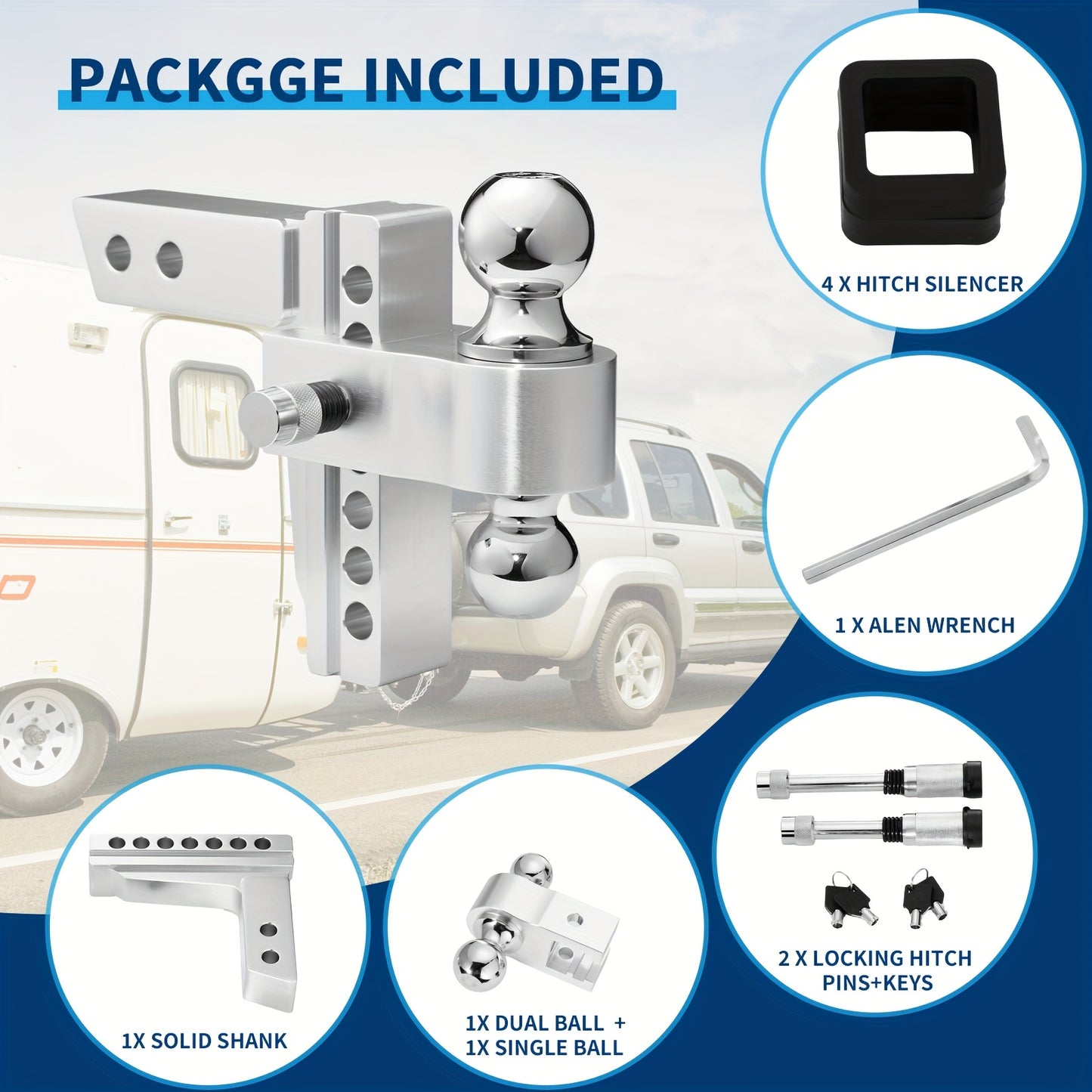 Heavy Duty Adjustable Drop Hitch with Tri-Ball and Anti-Theft