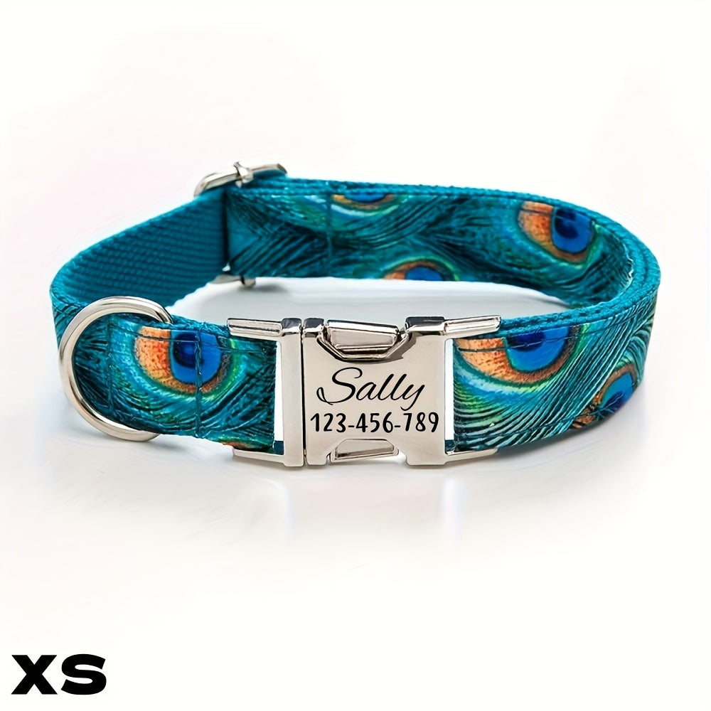 Personalized Dog Collar With Peacock Feather Design ID Tag