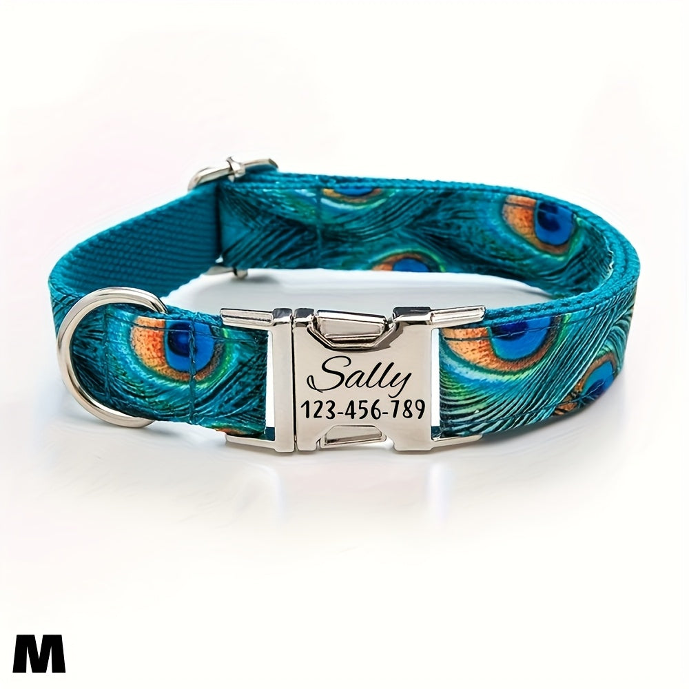 Personalized Dog Collar With Peacock Feather Design ID Tag