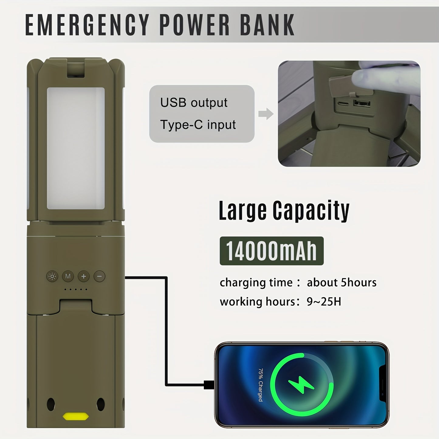 Rechargeable Camping Lantern With Portable Power Supply And Dimmable Light
