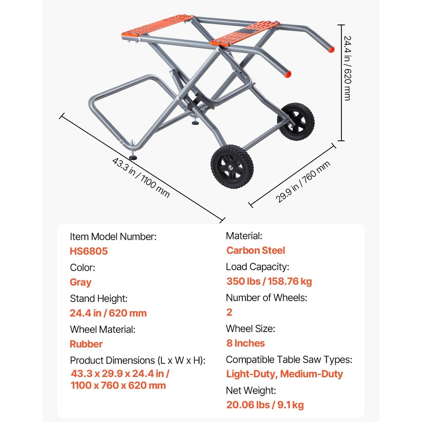 Portable Table Saw Stand Rolling Wheels 350 Lb Load Capacity