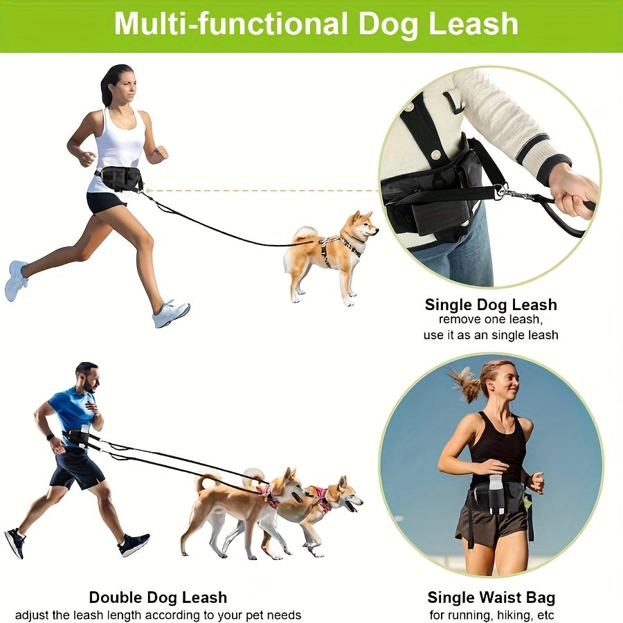 Reflective Dual Dog Leash with Retractable Waist Bag Design