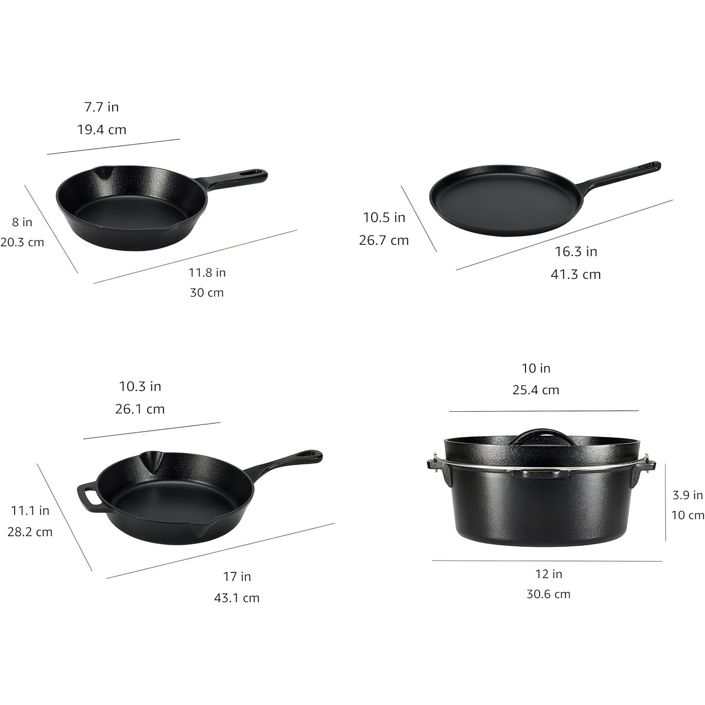 Cast Iron Skillets Set with Dutch Oven and Griddles Cookware