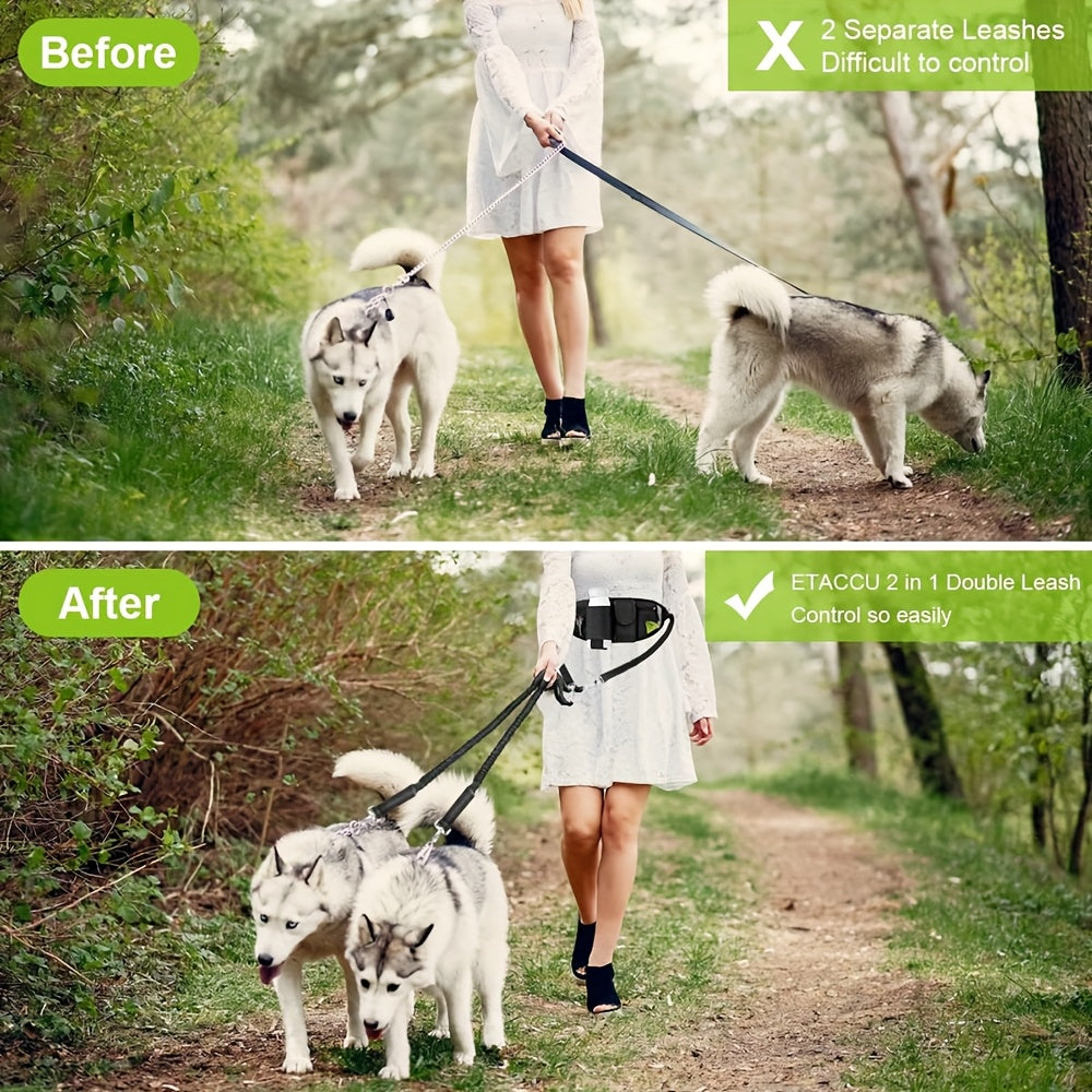 Reflective Dual Dog Leash with Retractable Waist Bag Design