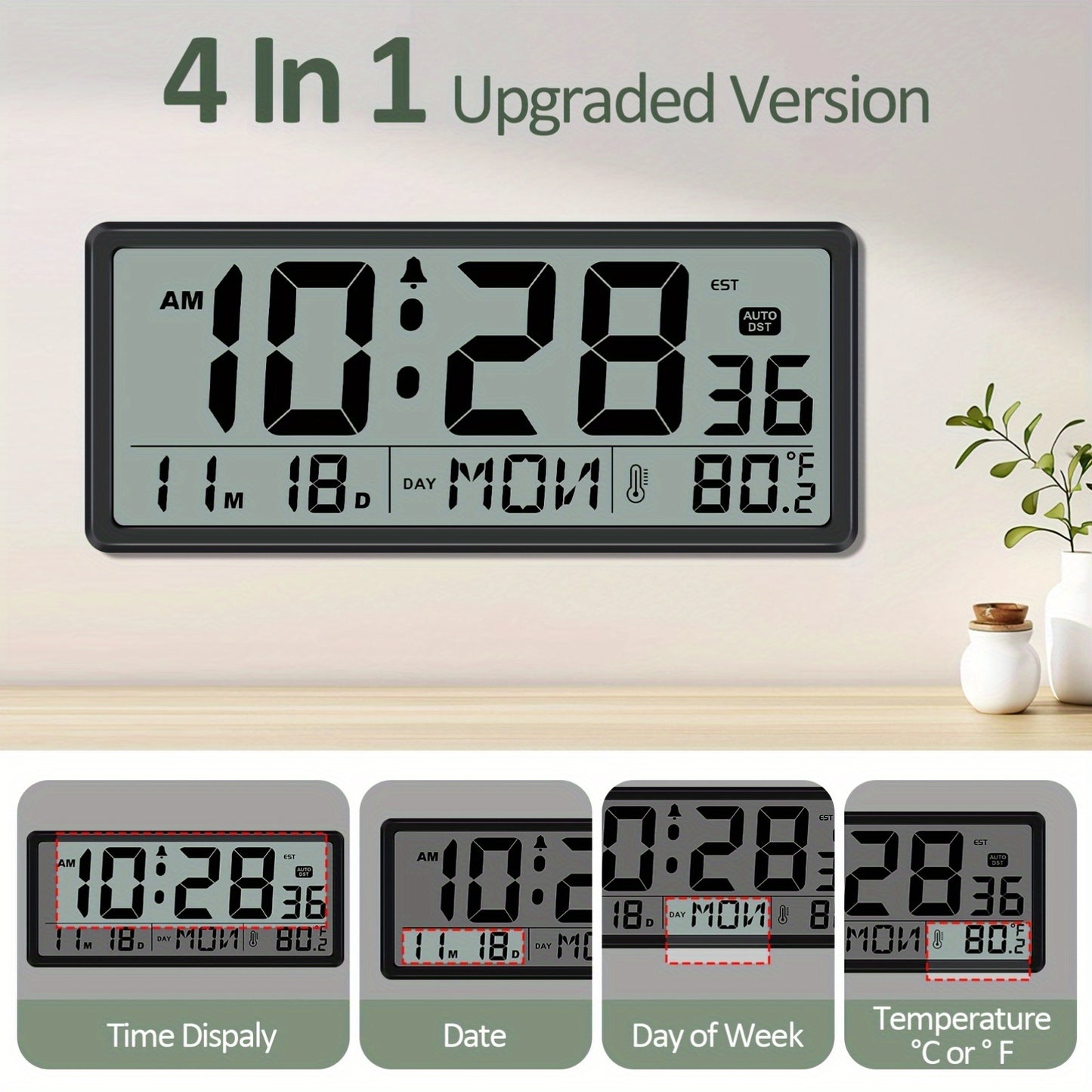 Large Display Digital Wall Clock with Temperature and Date