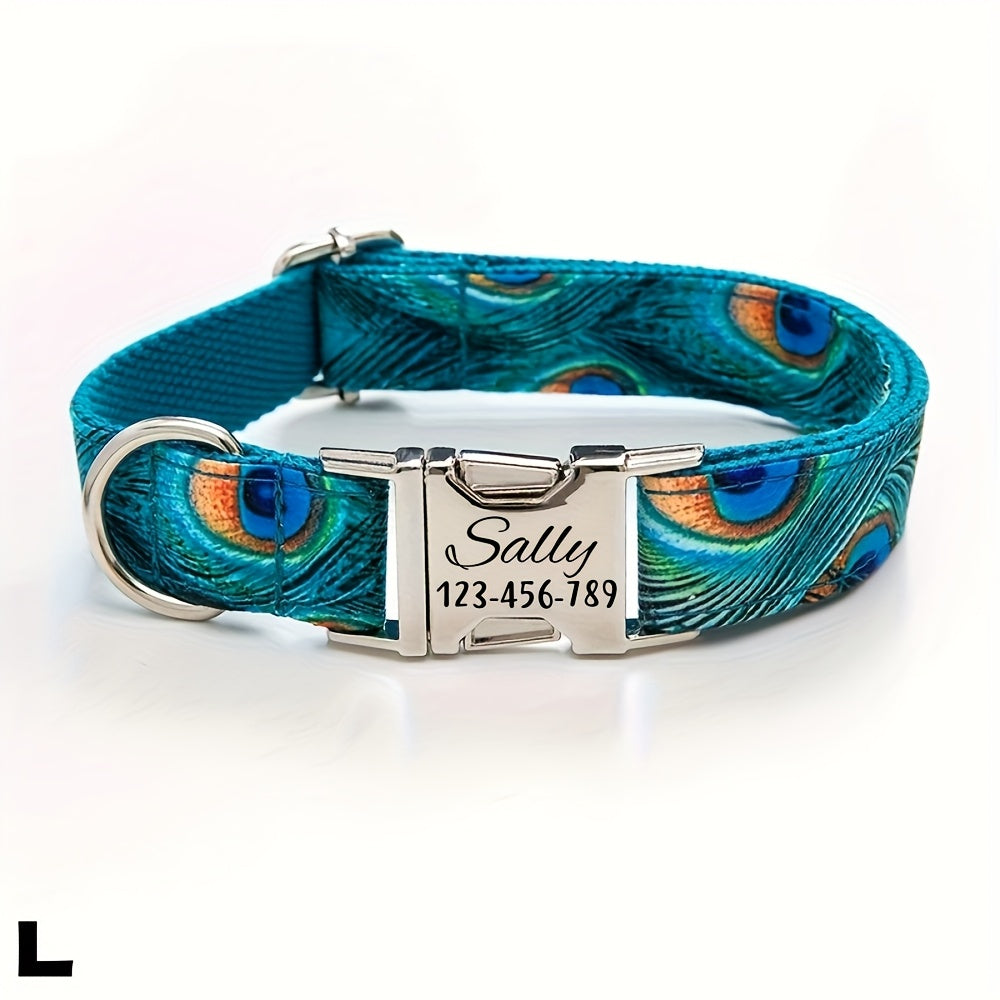 Personalized Dog Collar With Peacock Feather Design ID Tag