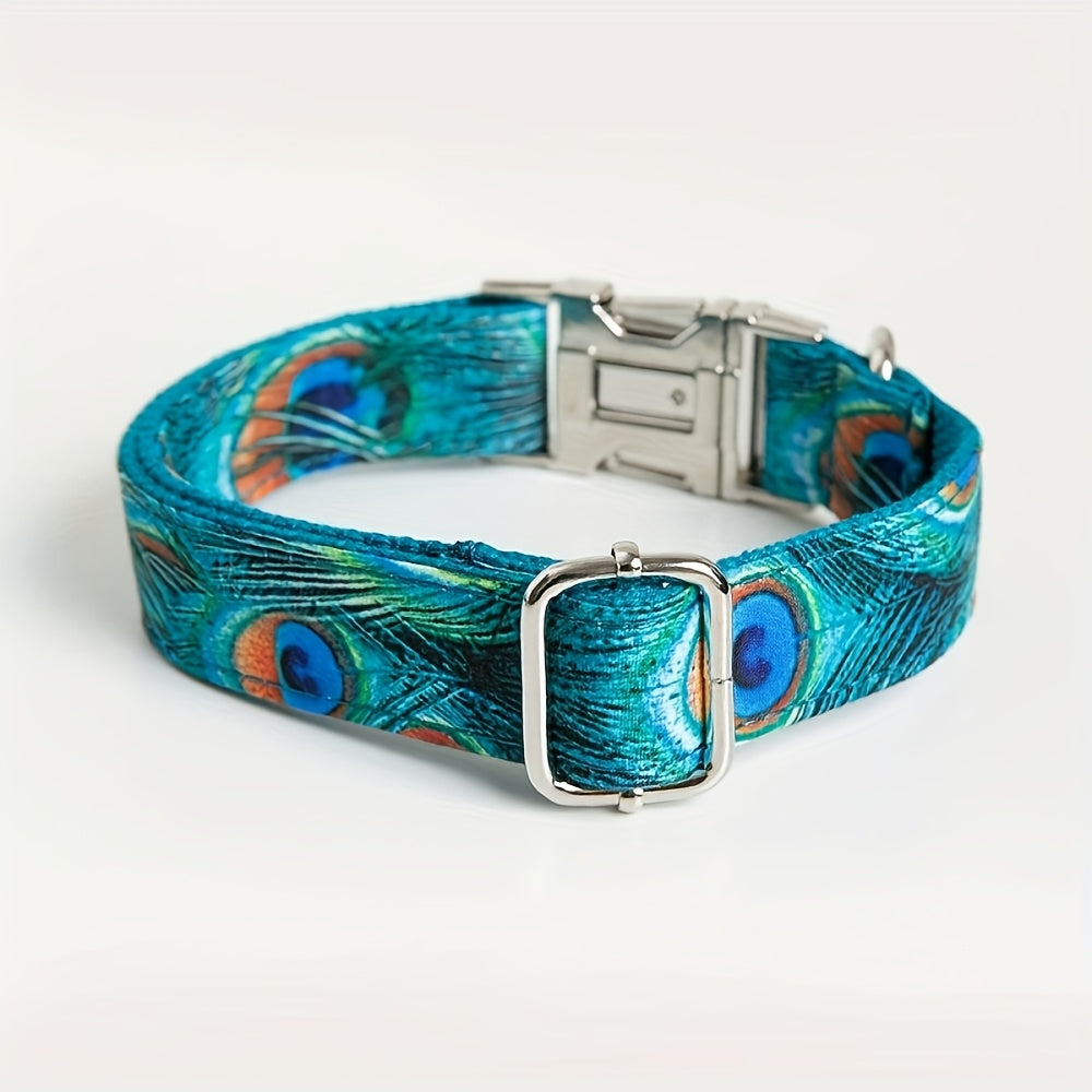 Personalized Dog Collar With Peacock Feather Design ID Tag