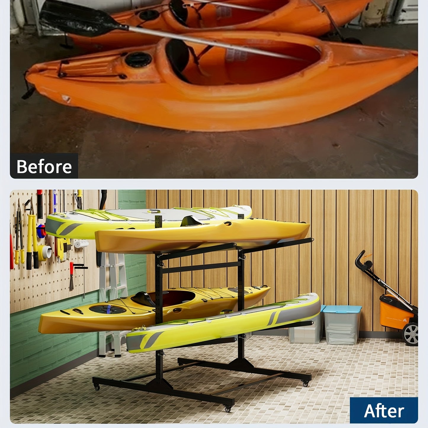 Freestanding Kayak Storage Rack for Four Kayaks with Wheels
