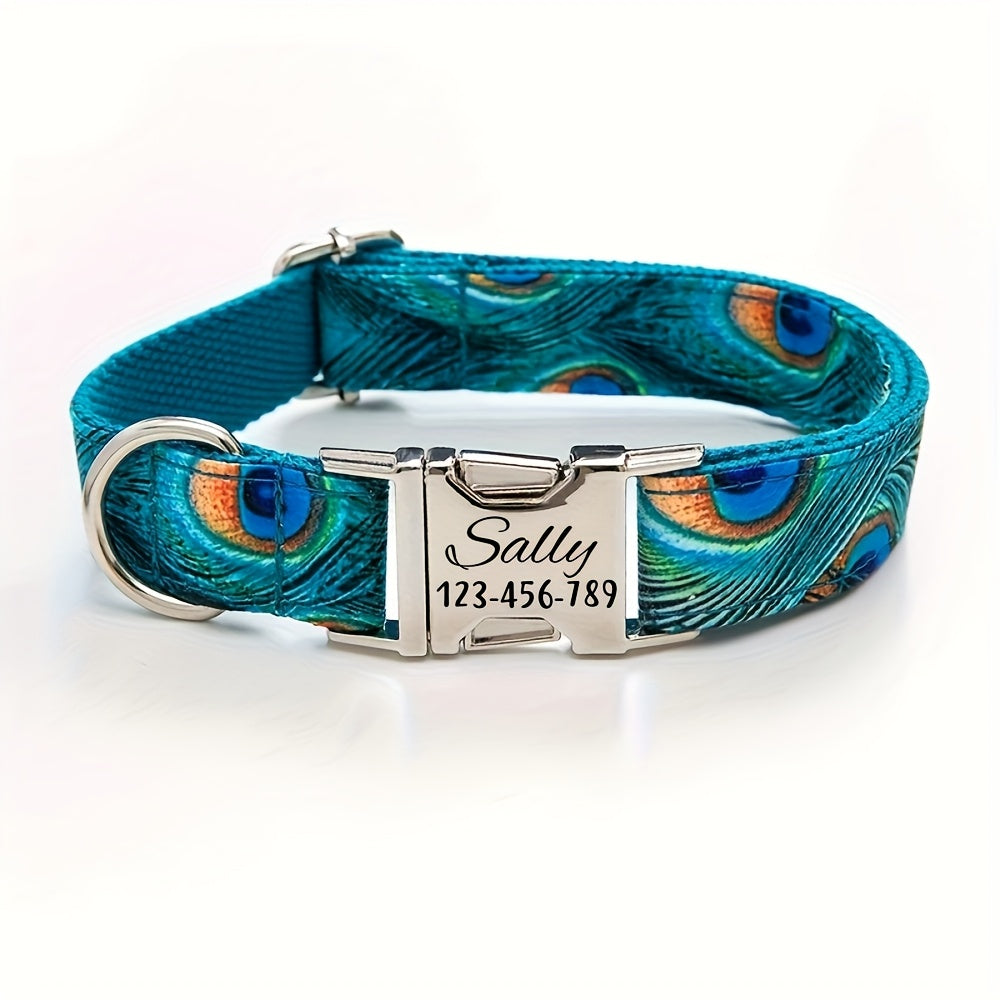 Personalized Dog Collar With Peacock Feather Design ID Tag