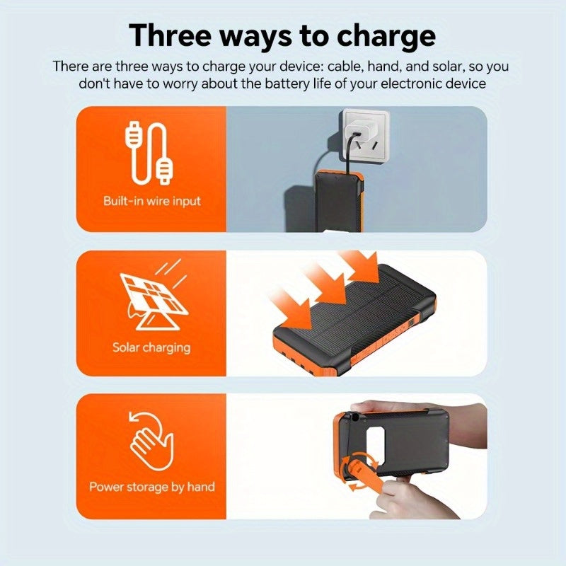 Portable Solar Power Bank with Hand-Crank Generator and Night Light