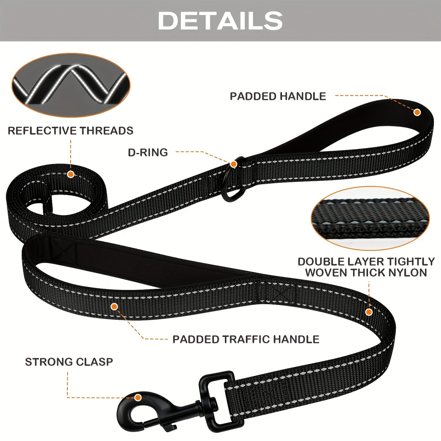 Personalized Reflective Embroidery Double Handle Dog Leash