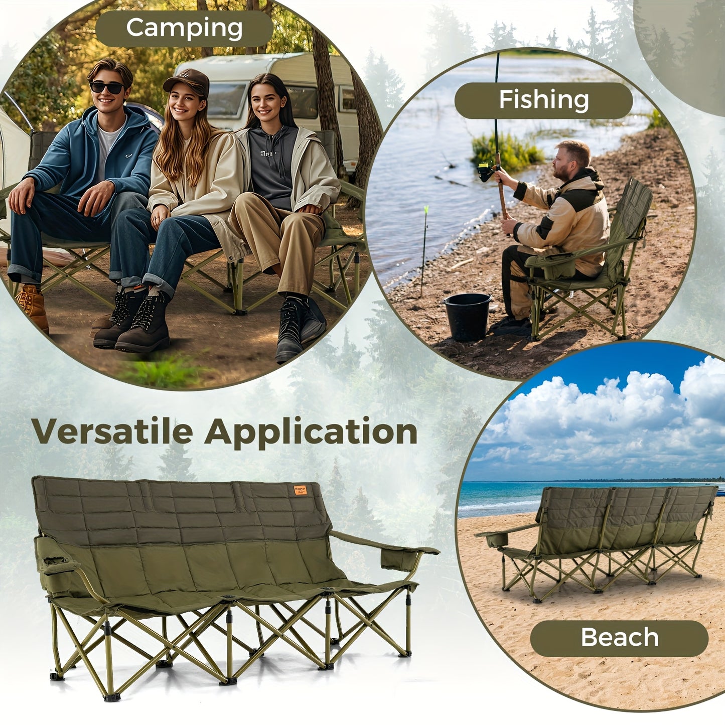 Heavy-Duty Folding Camping Chair for Three with Cup Holders