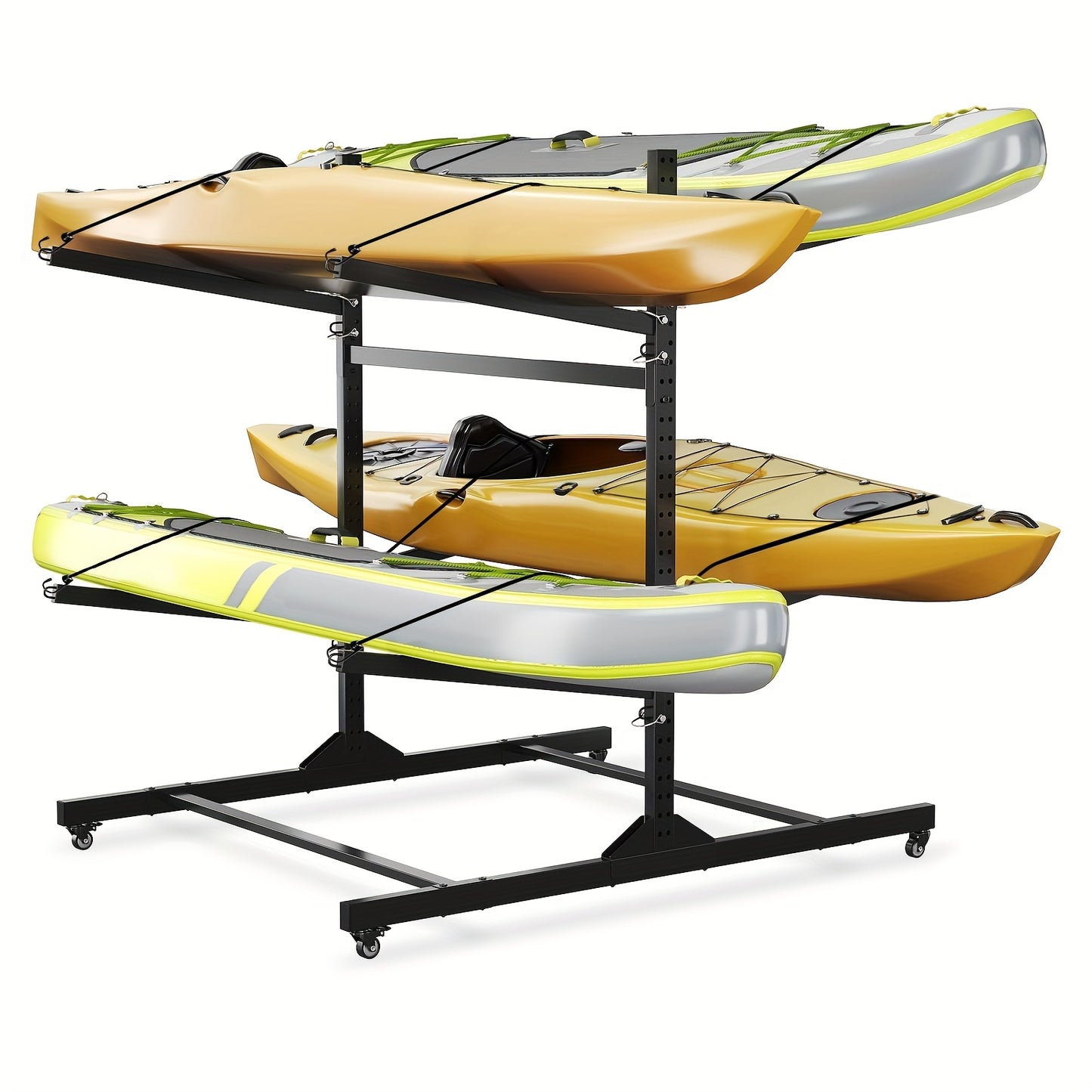 Freestanding Kayak Storage Rack for Four Kayaks with Wheels
