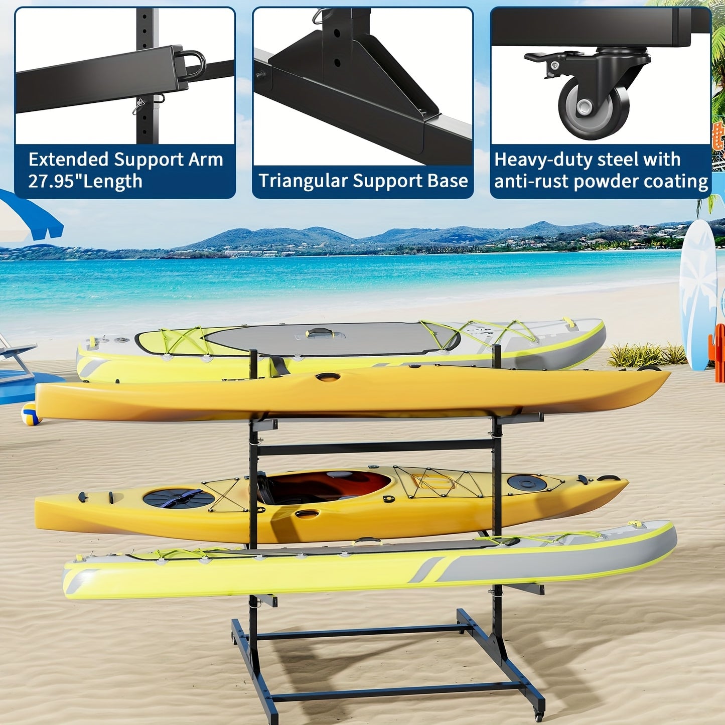Freestanding Kayak Storage Rack for Four Kayaks with Wheels