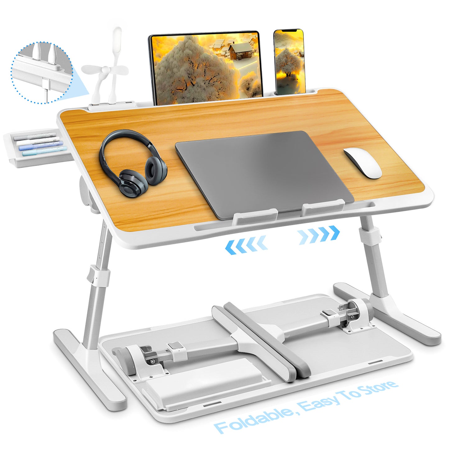 FWPP Adjustable Laptop Lap Desk Stand For Bed USB Light