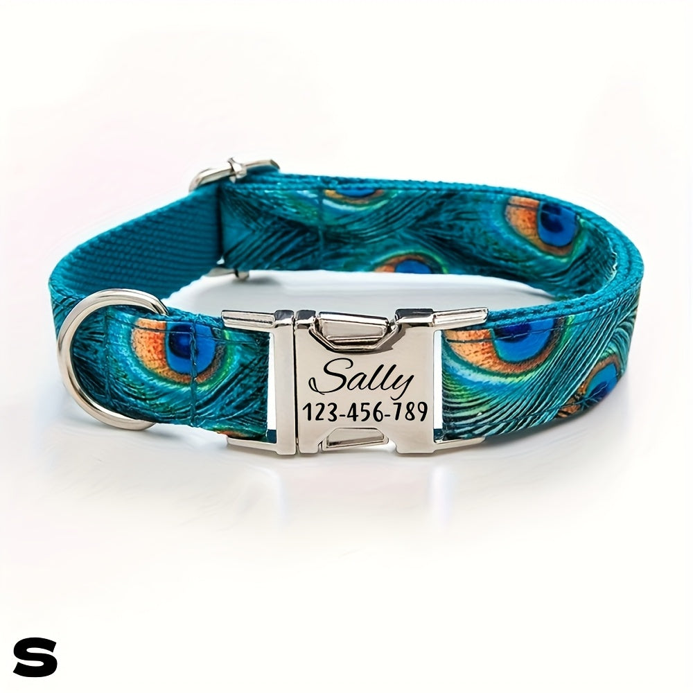 Personalized Dog Collar With Peacock Feather Design ID Tag