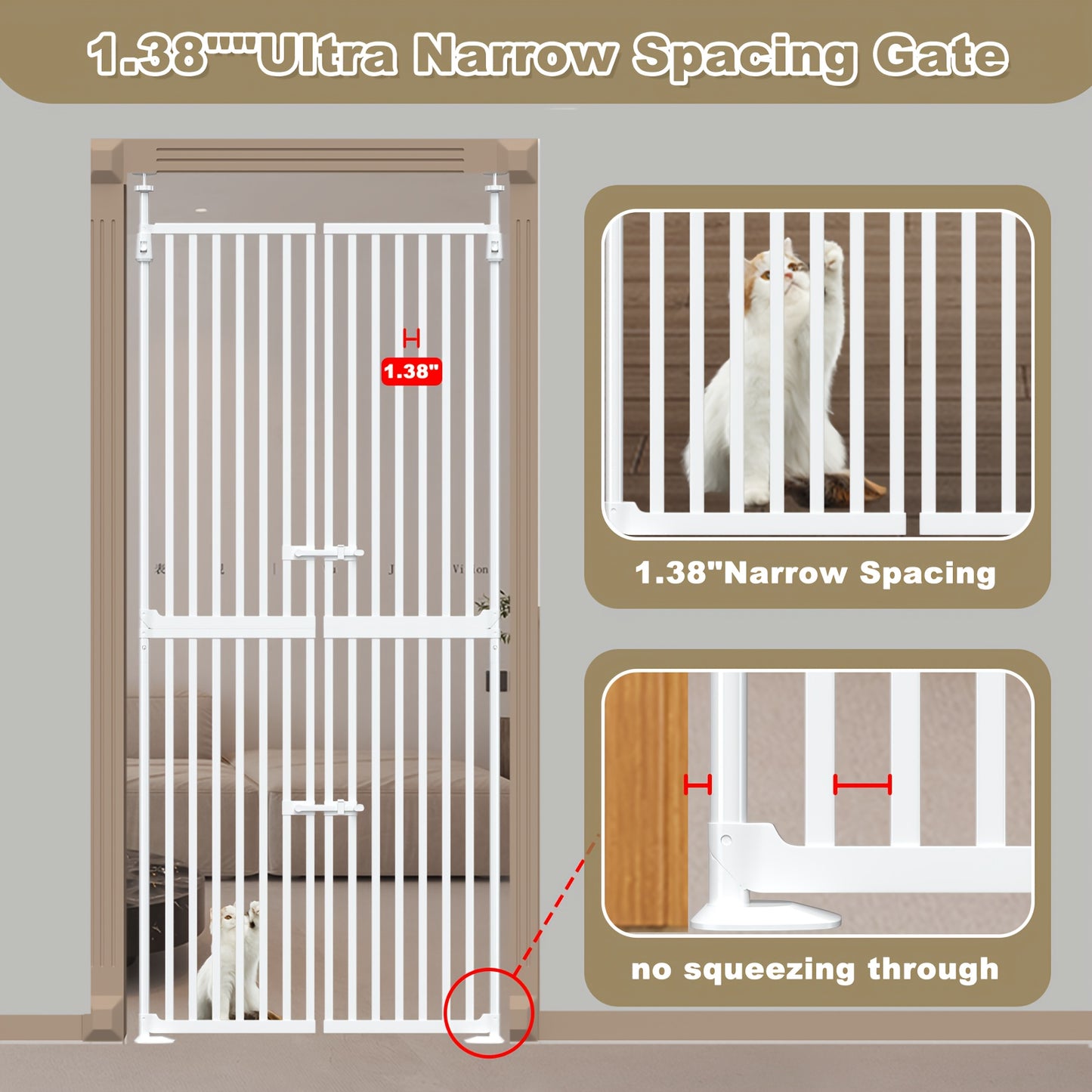 Extra Tall Cat Gate with Auto Close Double Pet Door