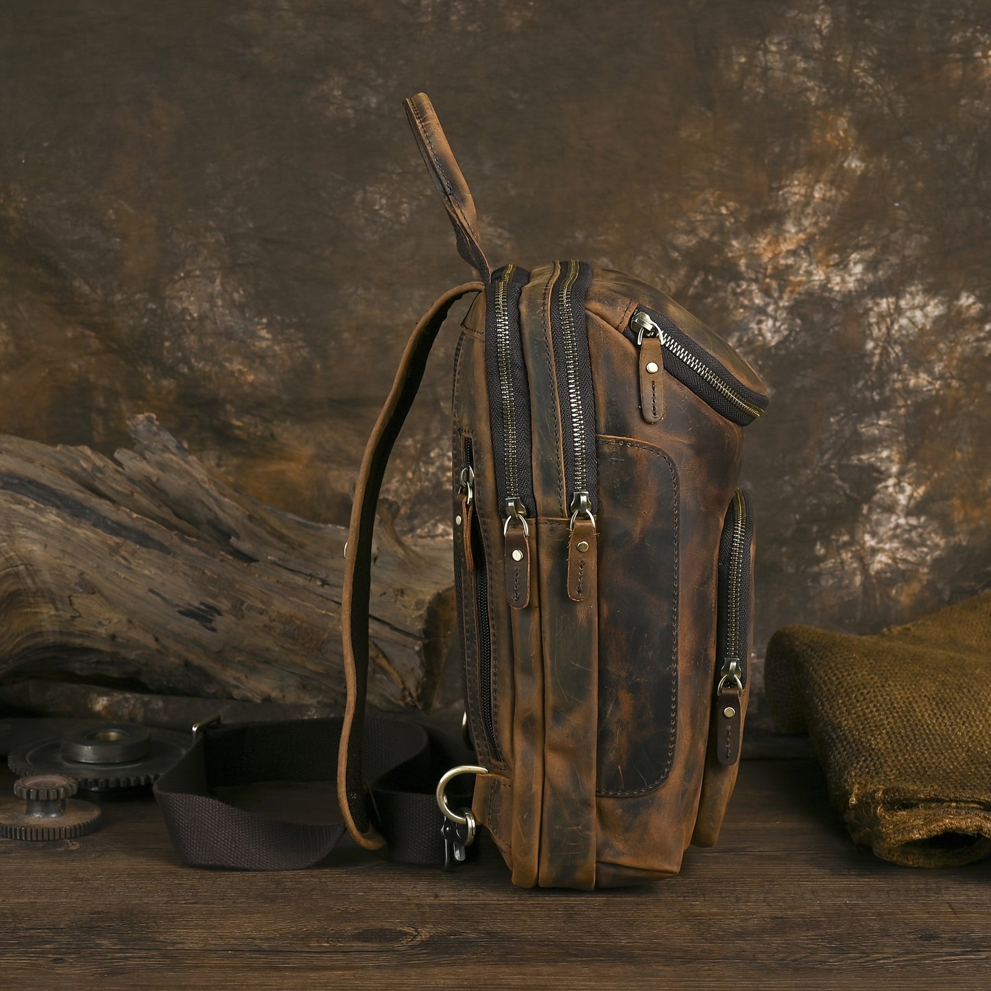 Brown Leather Chest Bag for Men with Adjustable Strap