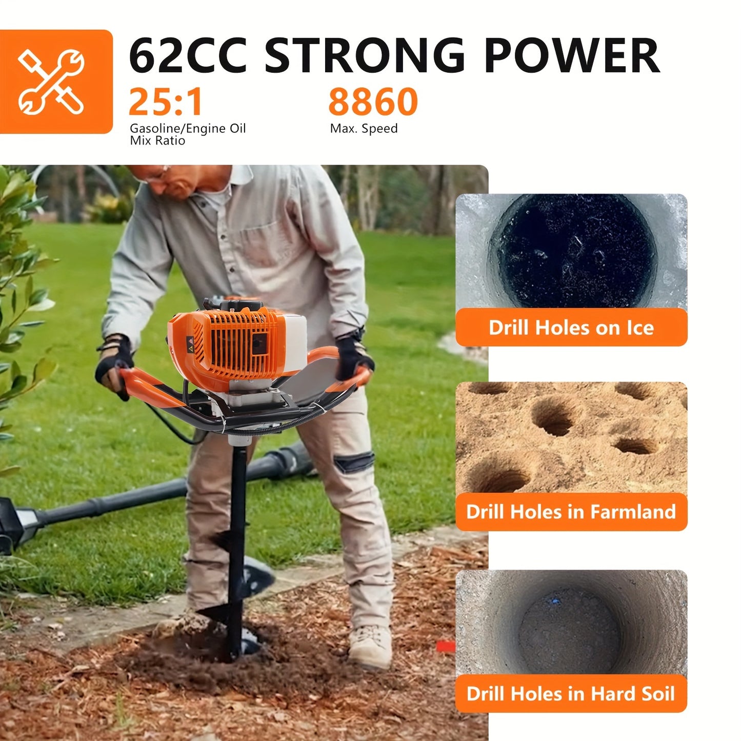 Gas Powered Post Hole Digger with Auger Bits for Gardening