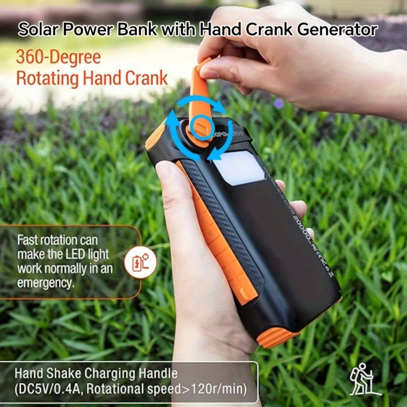 Portable Solar Power Bank with Hand-Crank Generator and Night Light