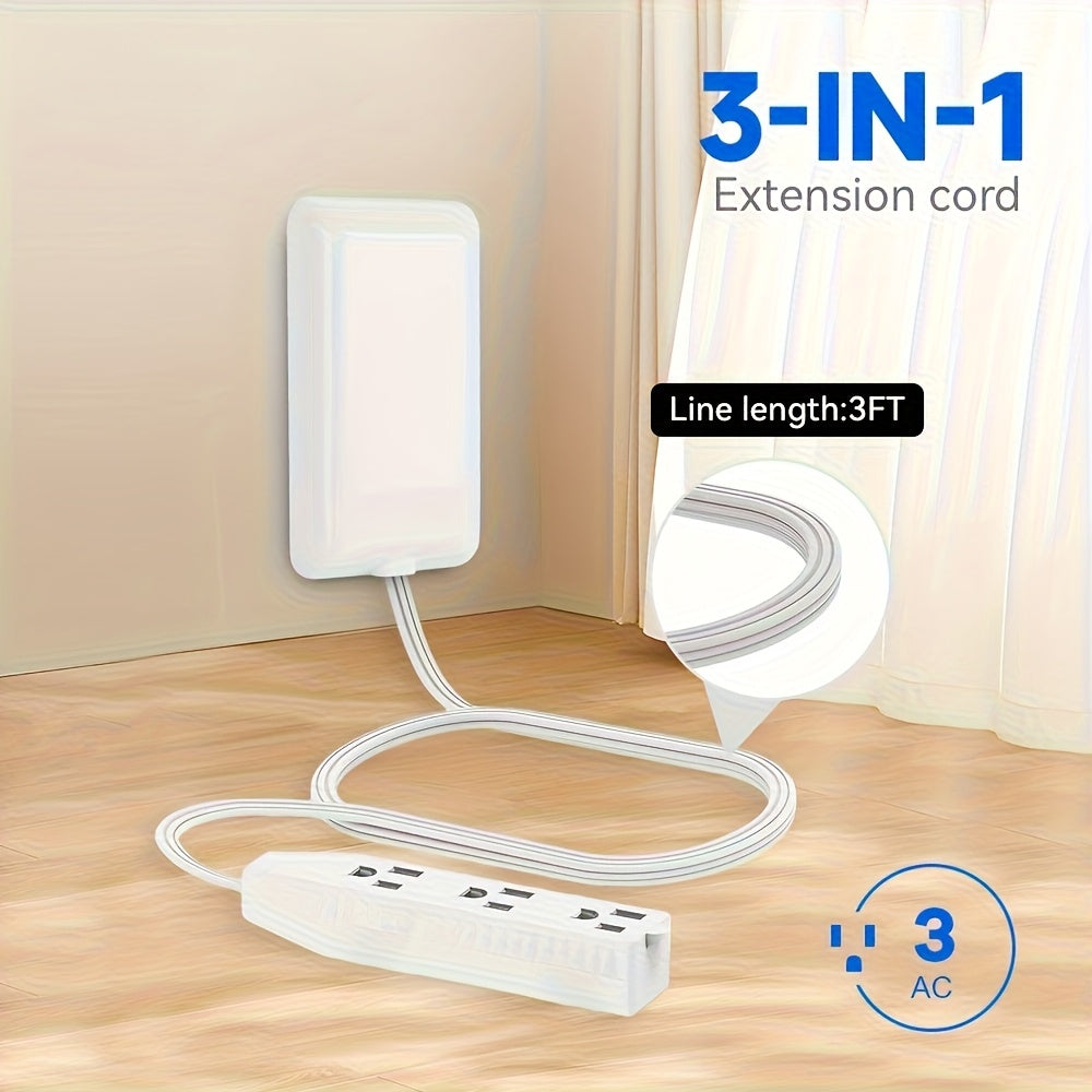 Three Outlet Power Strip With Flat Extension Cord Indoor