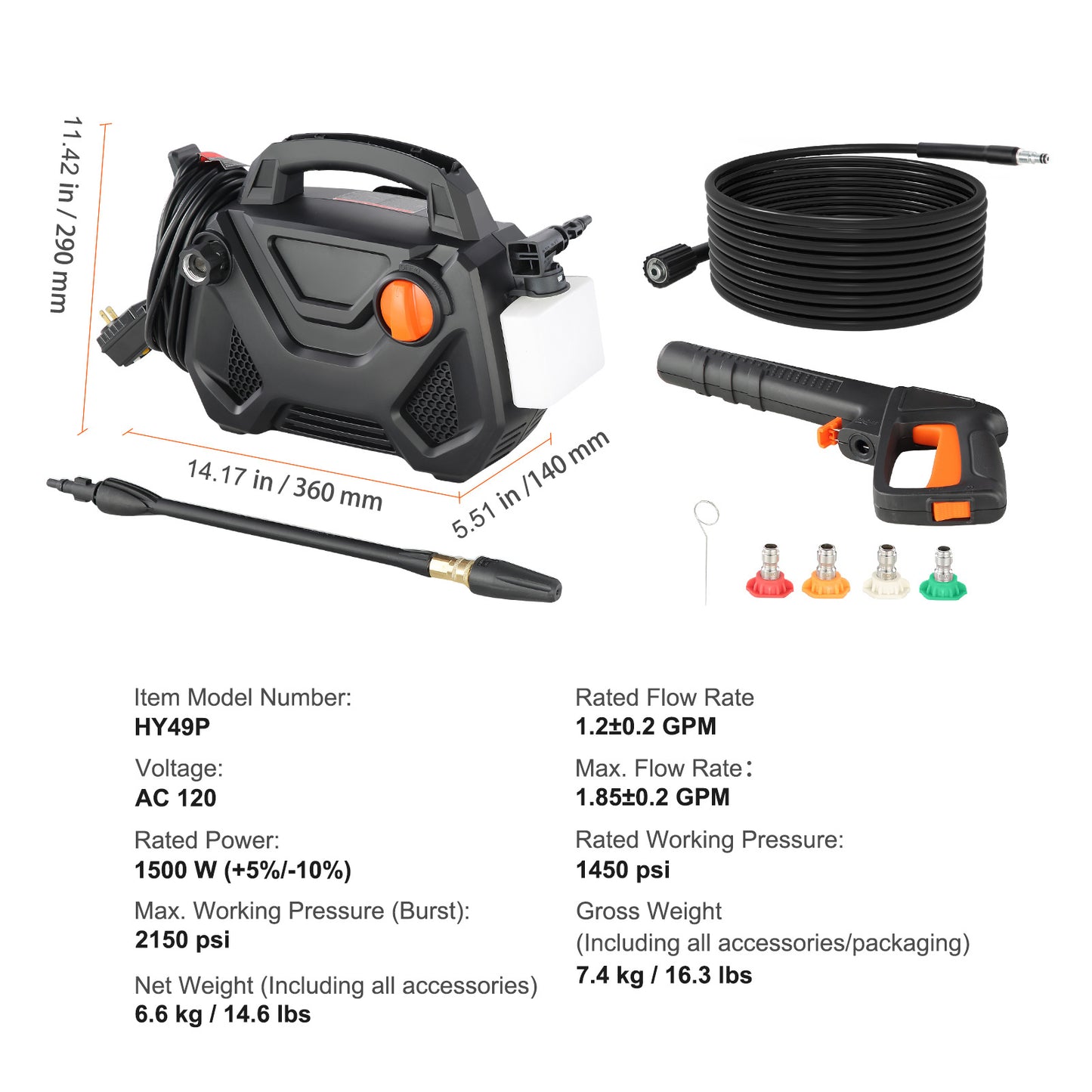 2150 PSI Electric Pressure Washer Foam Cannon And Nozzle