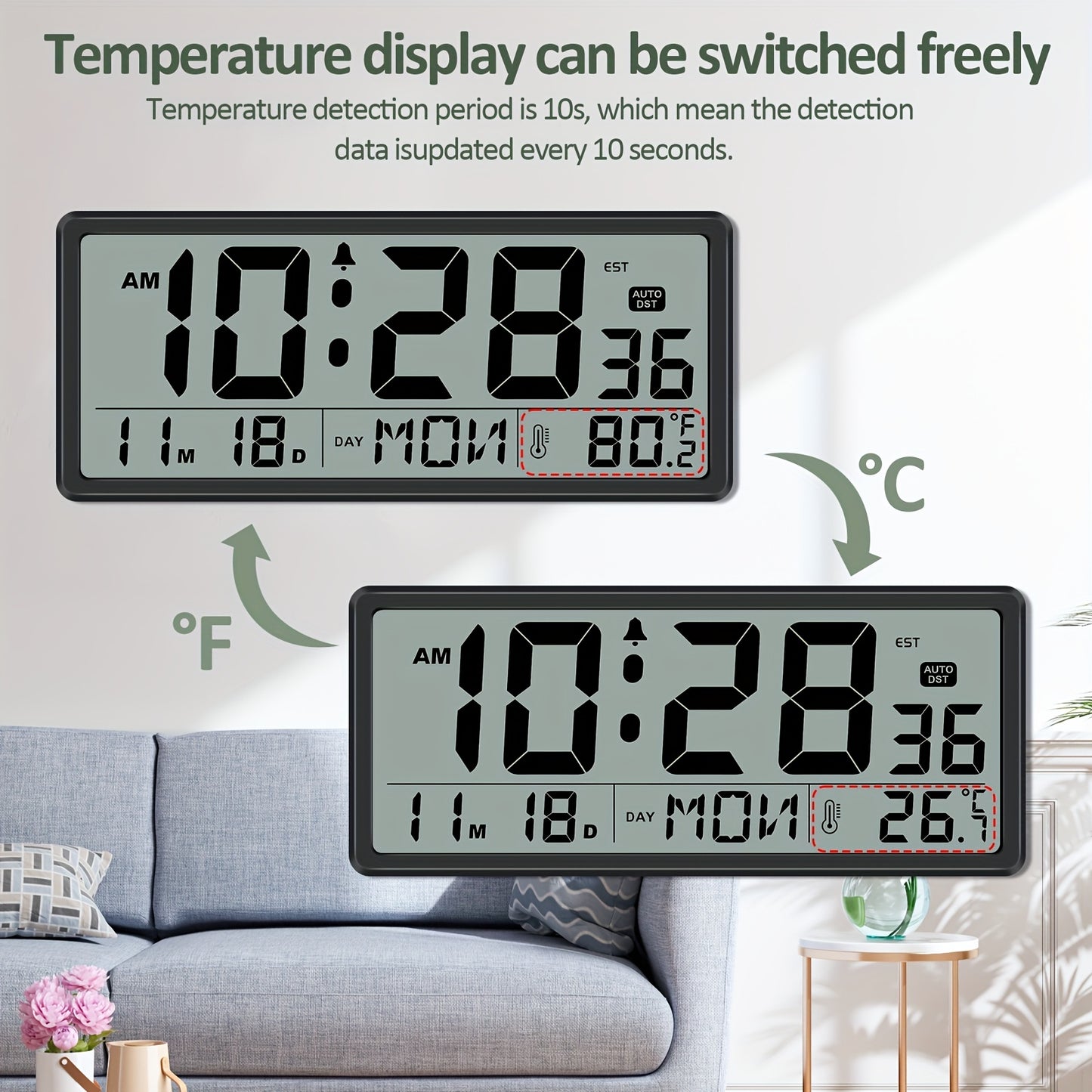 Large Display Digital Wall Clock with Temperature and Date