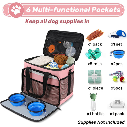 Six Piece Dog Travel Bag Set With Bowls And Containers