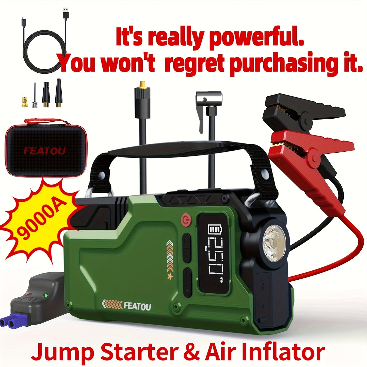 9000A Jump Starter With Air Compressor Car Battery Charger