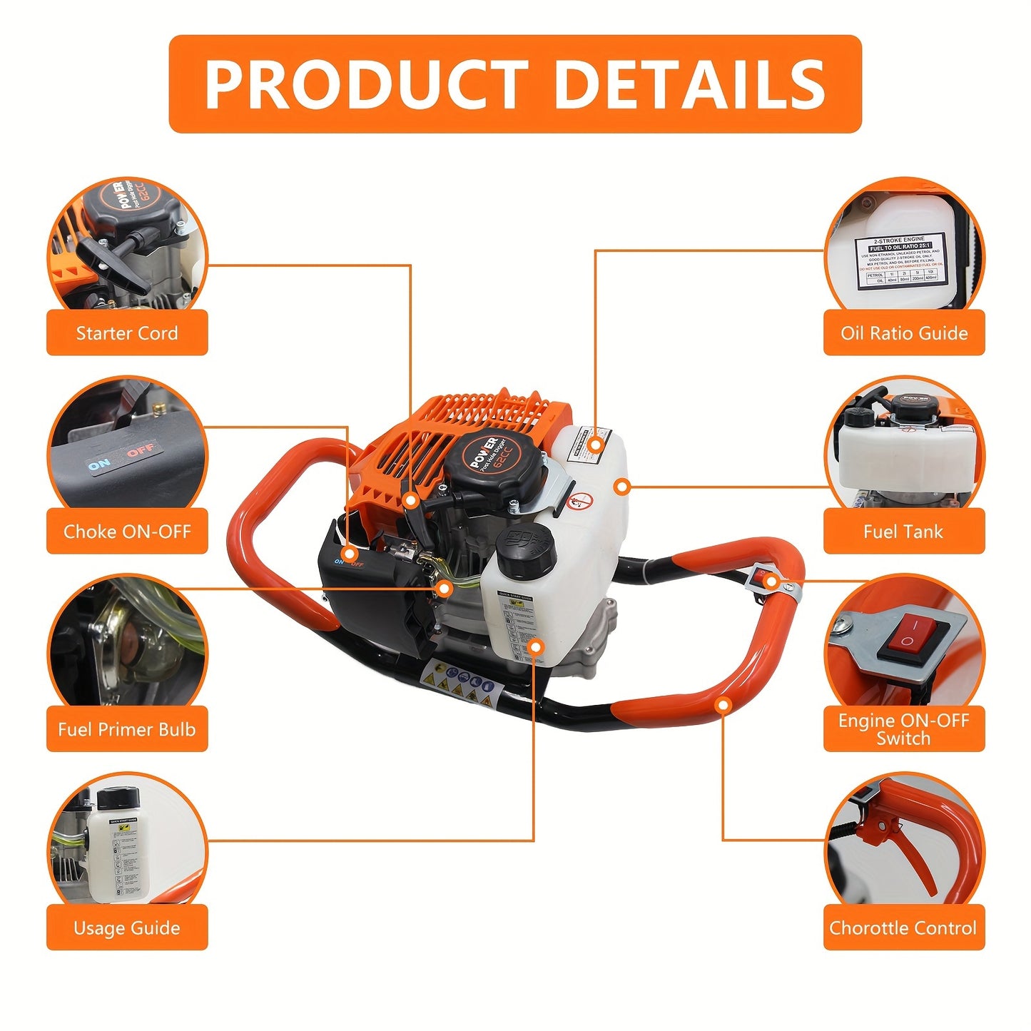 Gas Powered Post Hole Digger with Auger Bits for Gardening