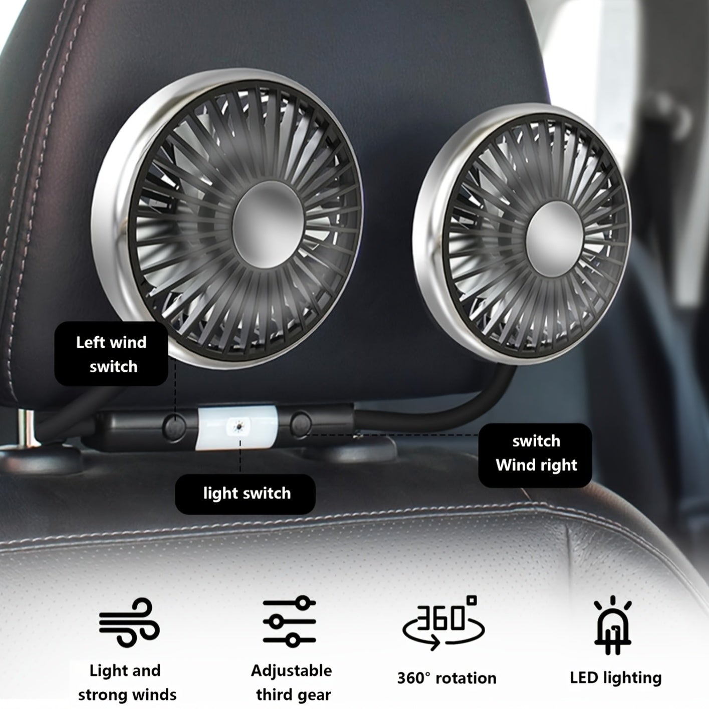Dual Head Car USB Fan 3 Speed Rotatable Flexible Gooseneck