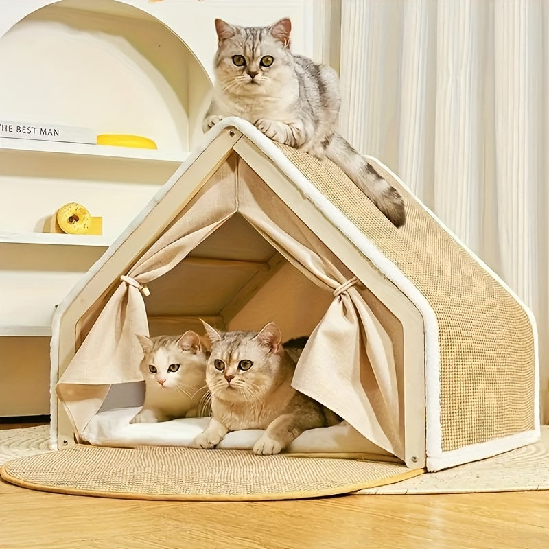 Semi-Enclosed Cat House With Scratching Pad For Cozy Comfort
