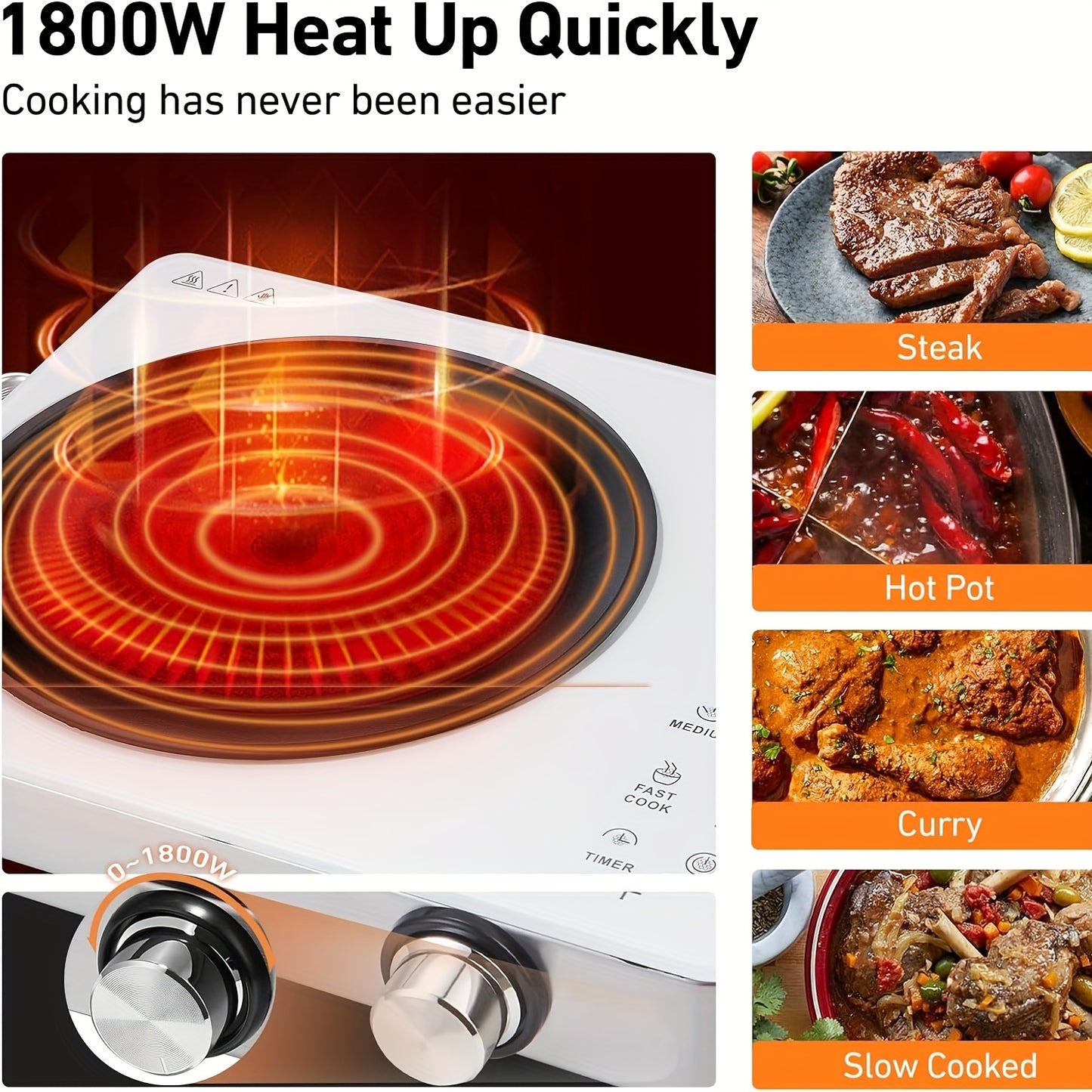 1800W Portable Infrared Burner With Timer And Glass Cooktop