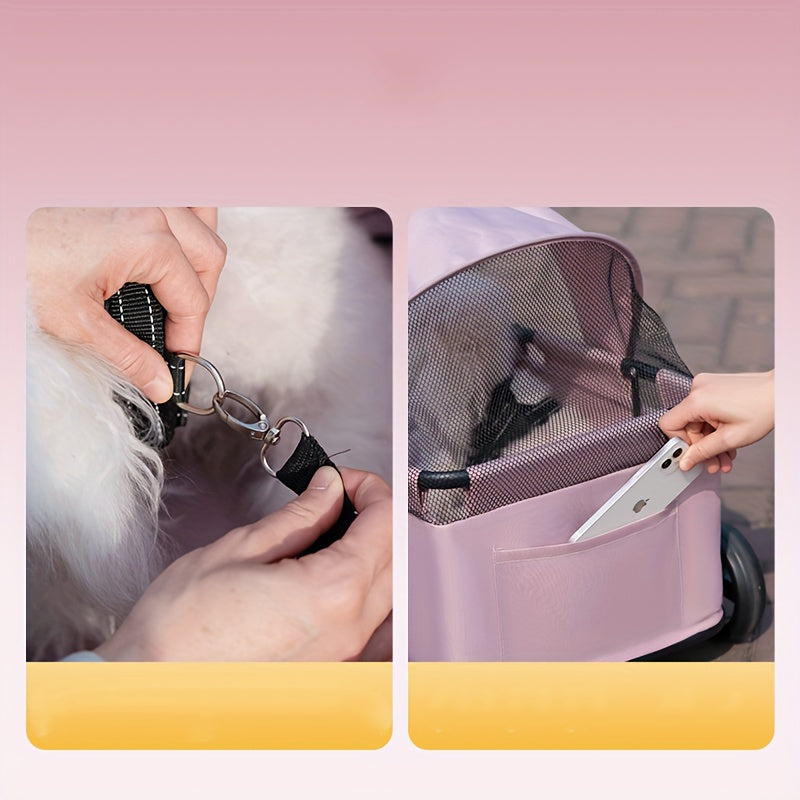 Foldable Pet Stroller With Storage Pockets And Safety Straps