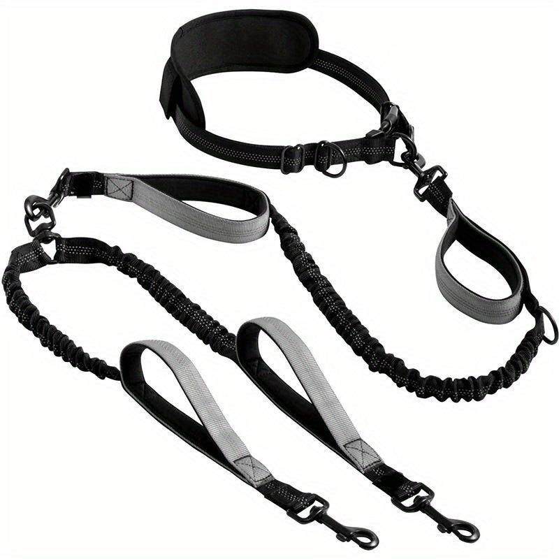 Hands Free Double Dog Leash with Padded Handles and Reflective Stitches