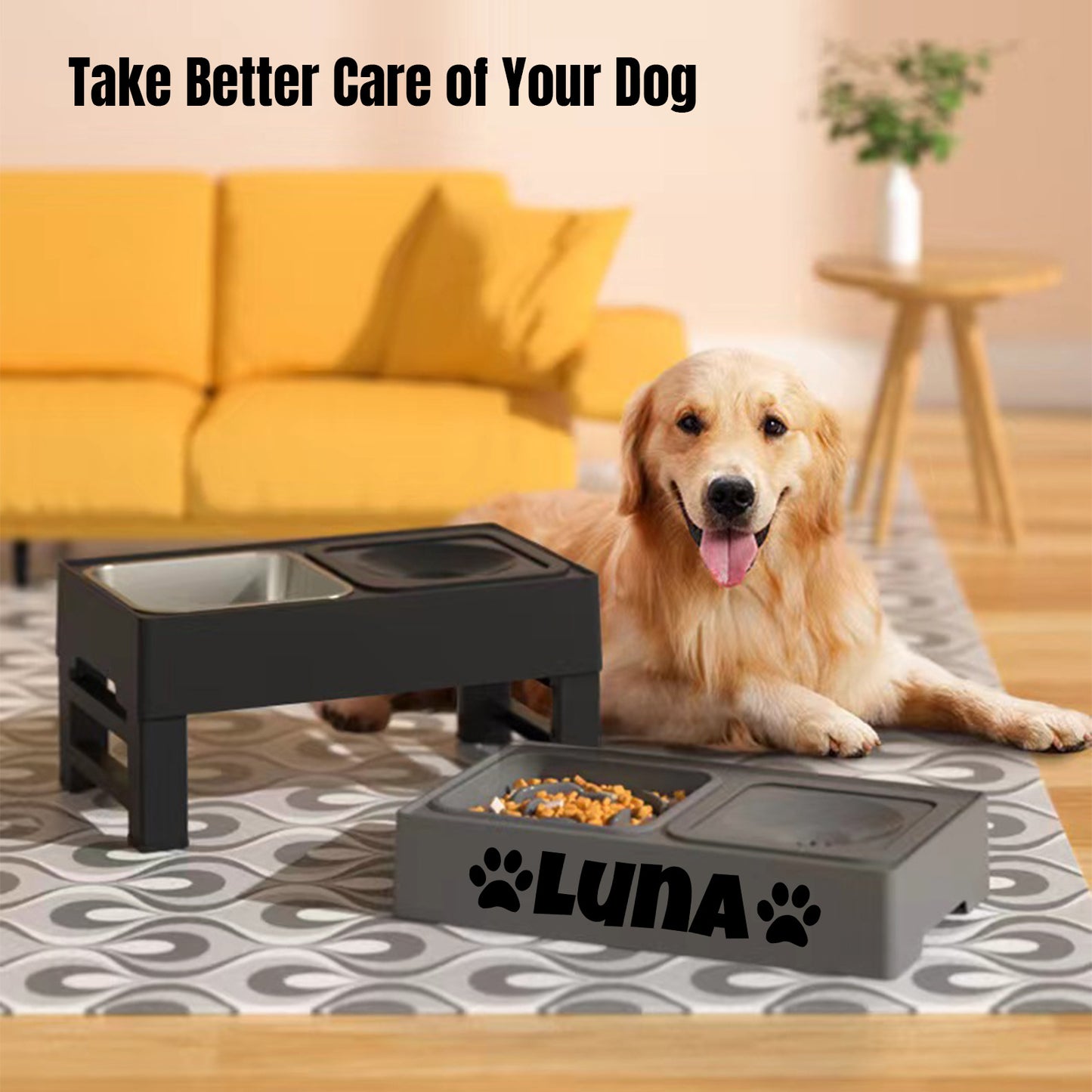 Elevated Dog Bowls With Custom Name No Spill Slow Feeder