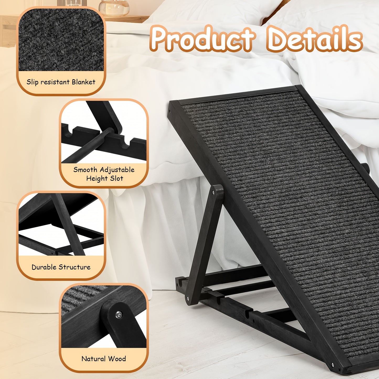 Folding Wooden Pet Ramp With Adjustable Height For SUV
