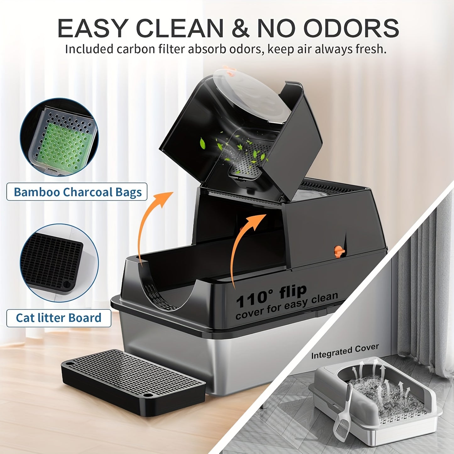 Stainless Steel Cat Litter Box Set with Deodorizing Block