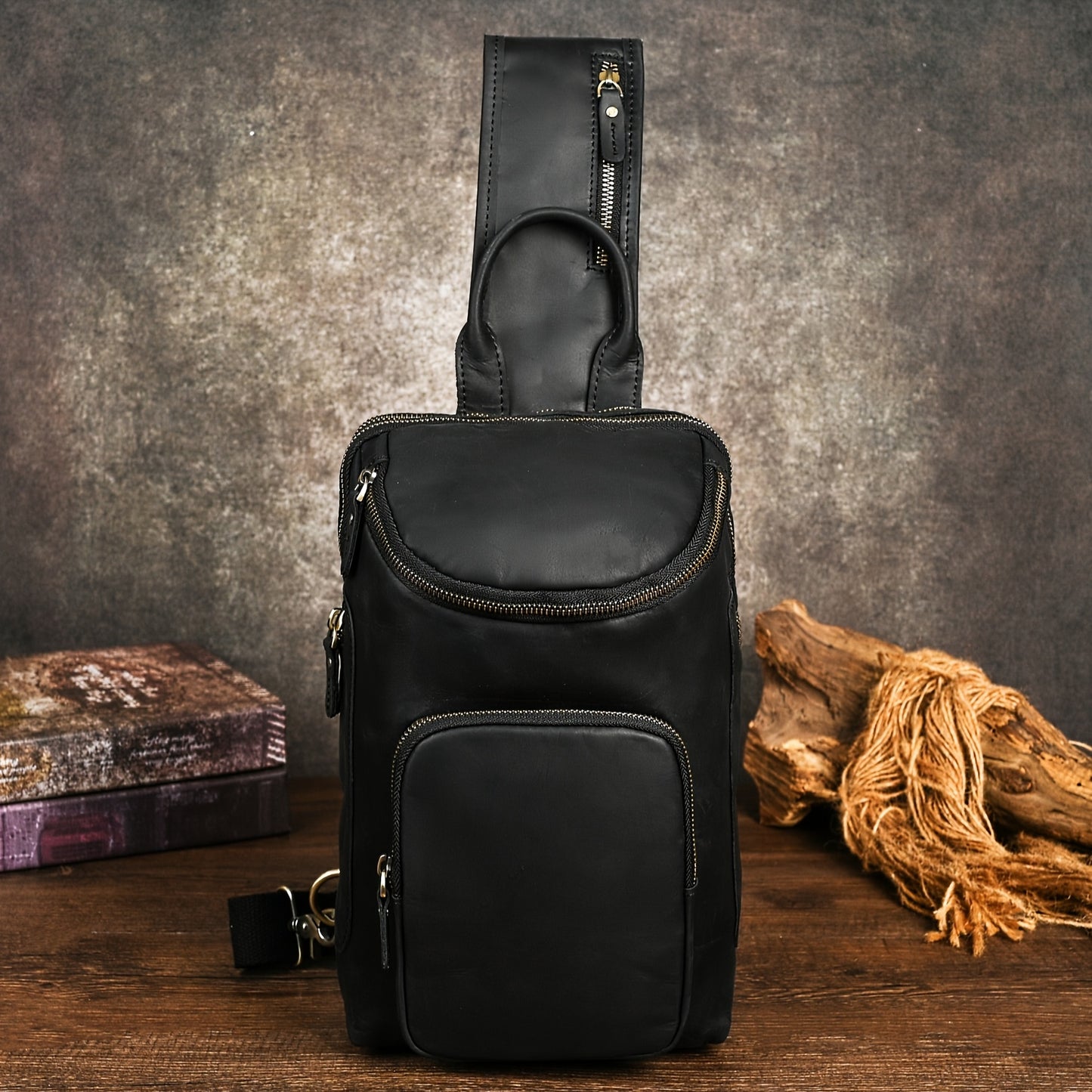 Brown Leather Chest Bag for Men with Adjustable Strap