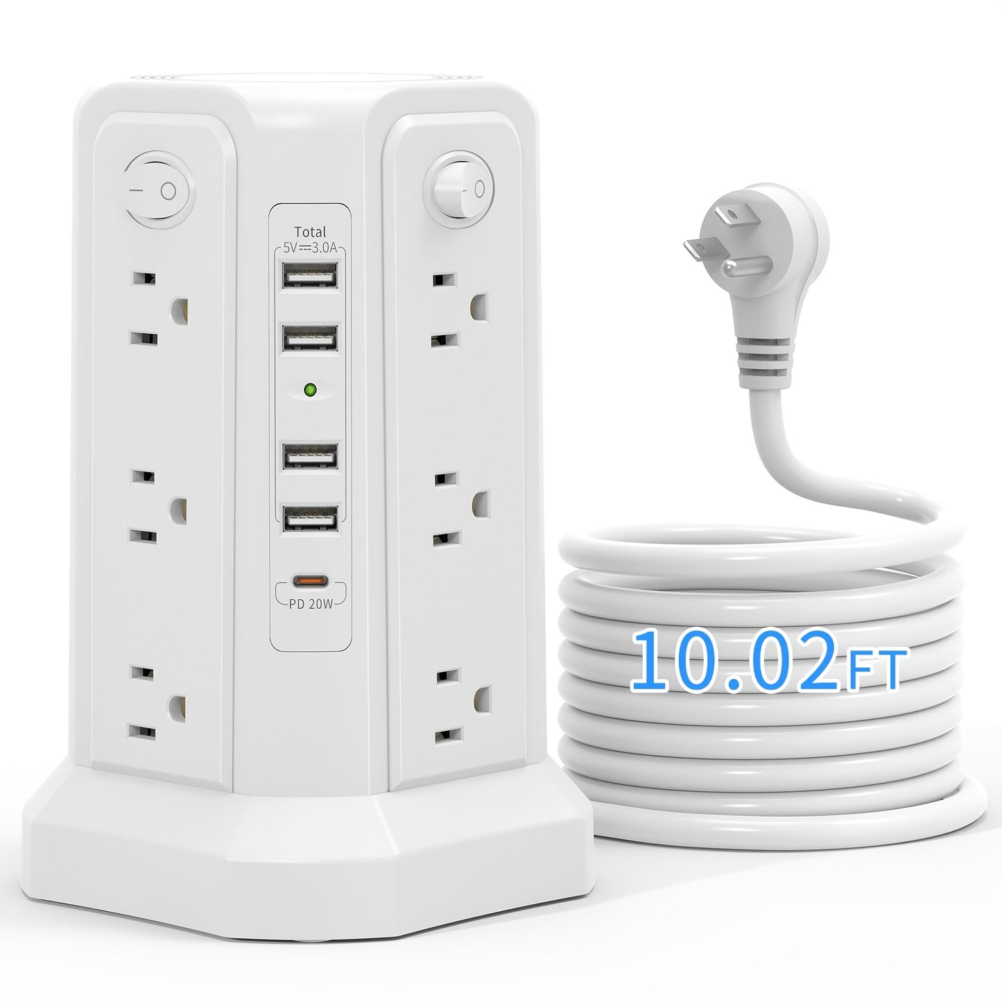 Angled 12 Outlets Power Strip Tower USB C PD Ports