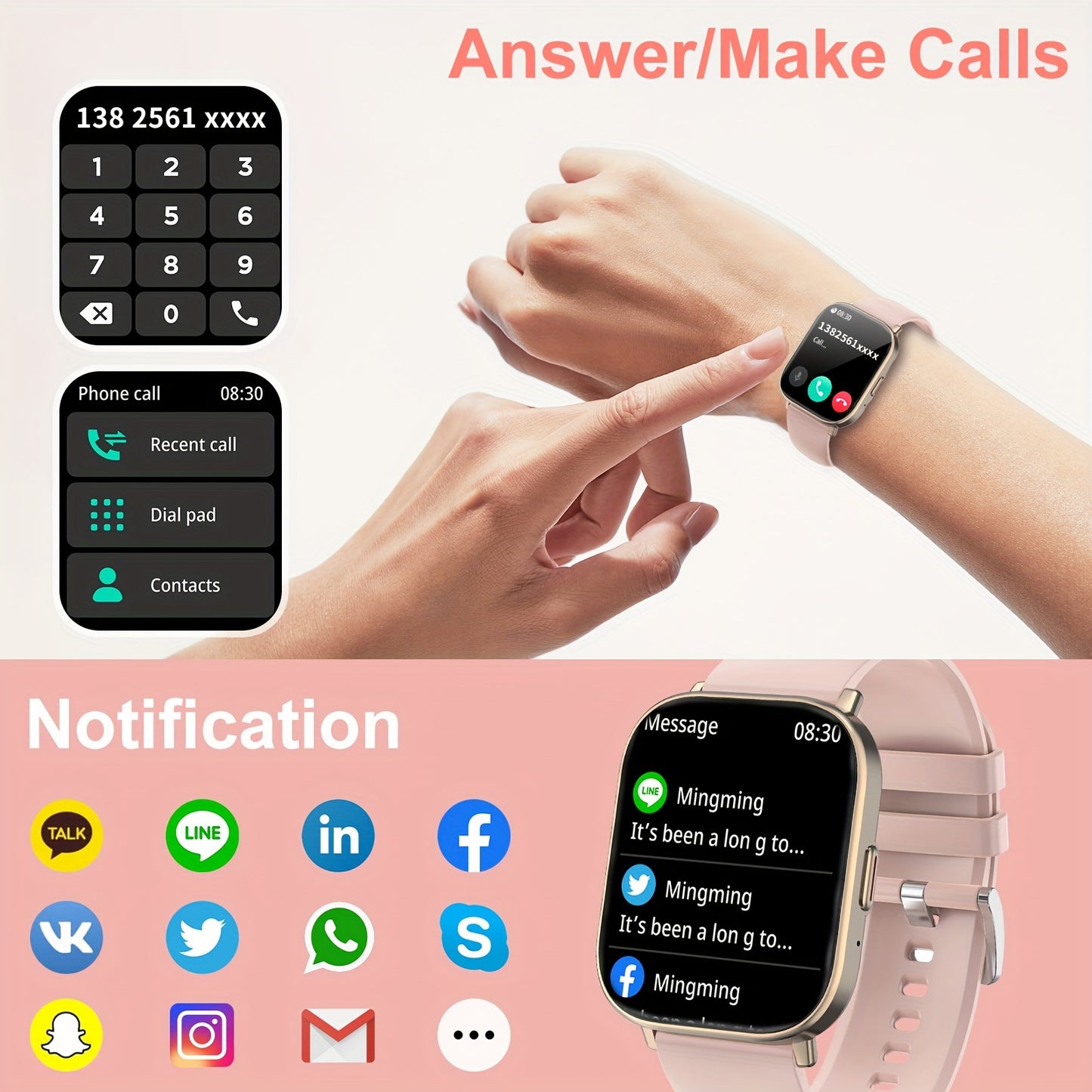 Elegant Pink Silicone Smartwatch With Touch Screen And Notifications