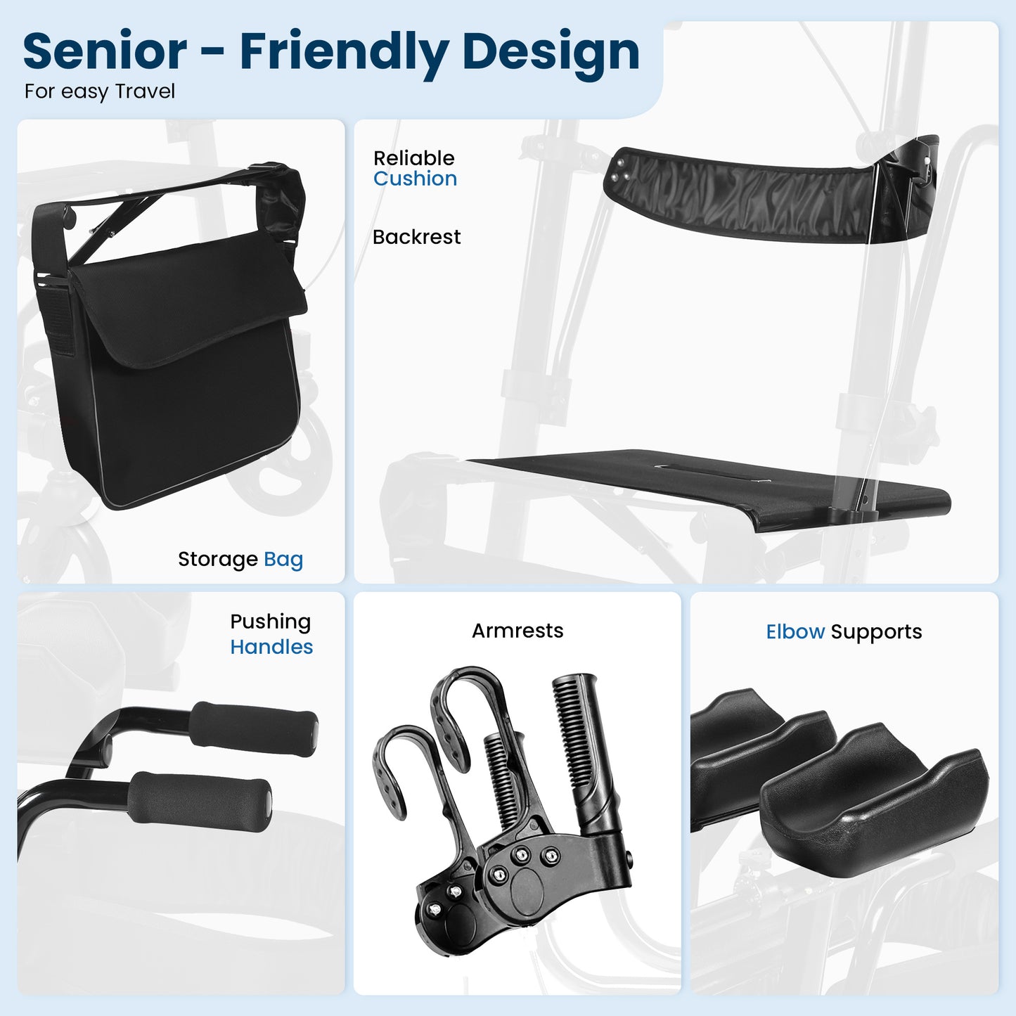 Foldable Rollator Walker Seat For Seniors Adjustable Handles