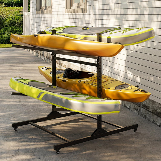 Freestanding Kayak Storage Rack for Four Kayaks with Wheels