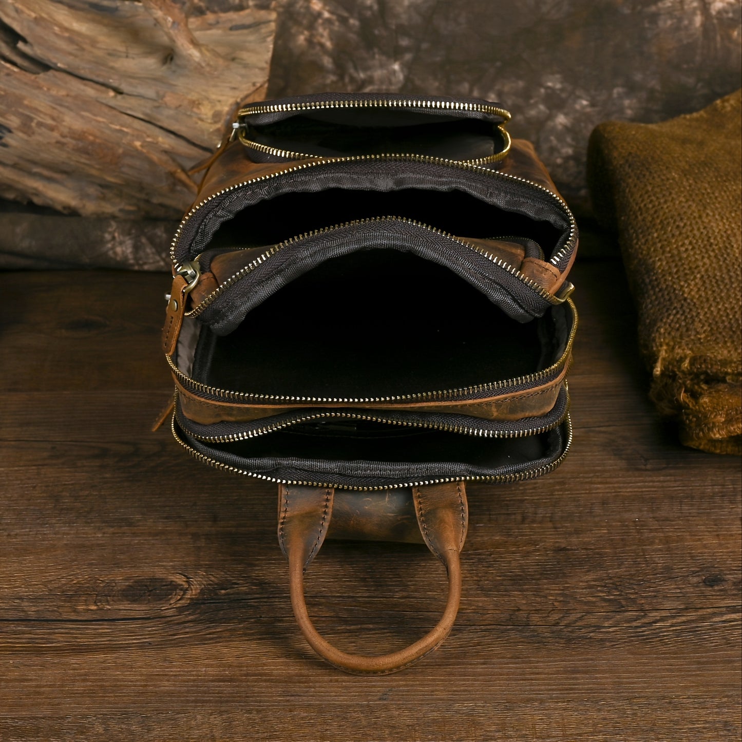 Brown Leather Chest Bag for Men with Adjustable Strap