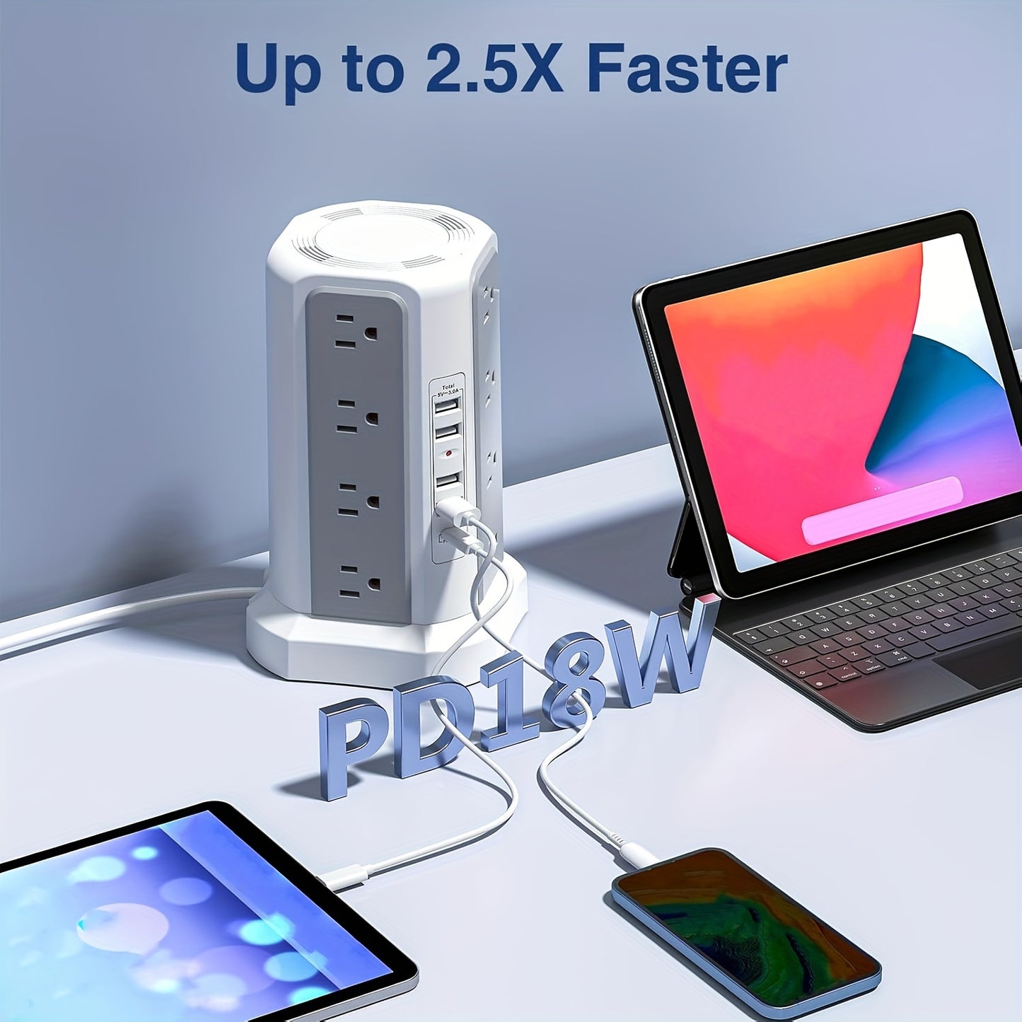 Angled 12 Outlets Power Strip Tower USB C PD Ports